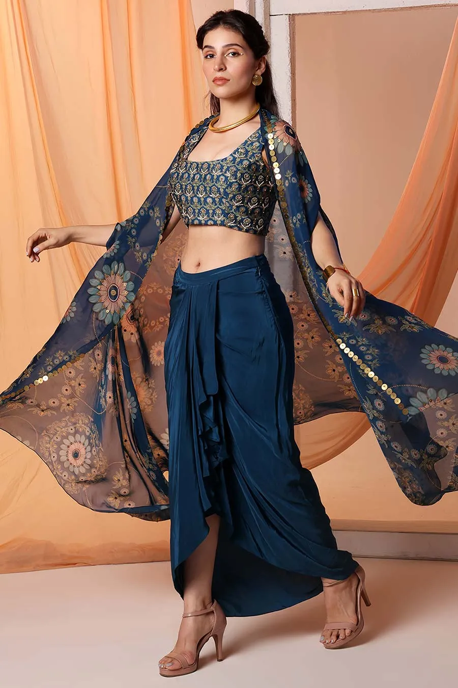 Navy Blue Eraya Embellished Drape Skirt Set With Cape