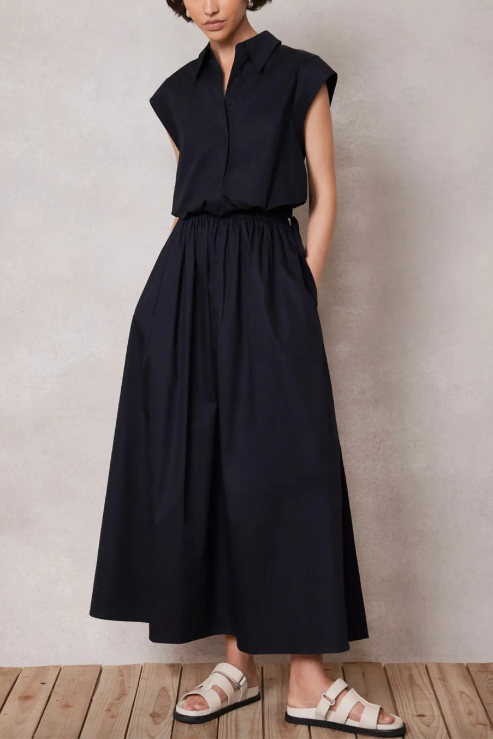 Navy Cotton Cropped Shirt and Maxi Skirt