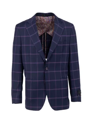 Navy with Purple Windowpane Dolcetto/THP Modern Fit half lined, Pure Wool Jacket by Tiglio Luxe