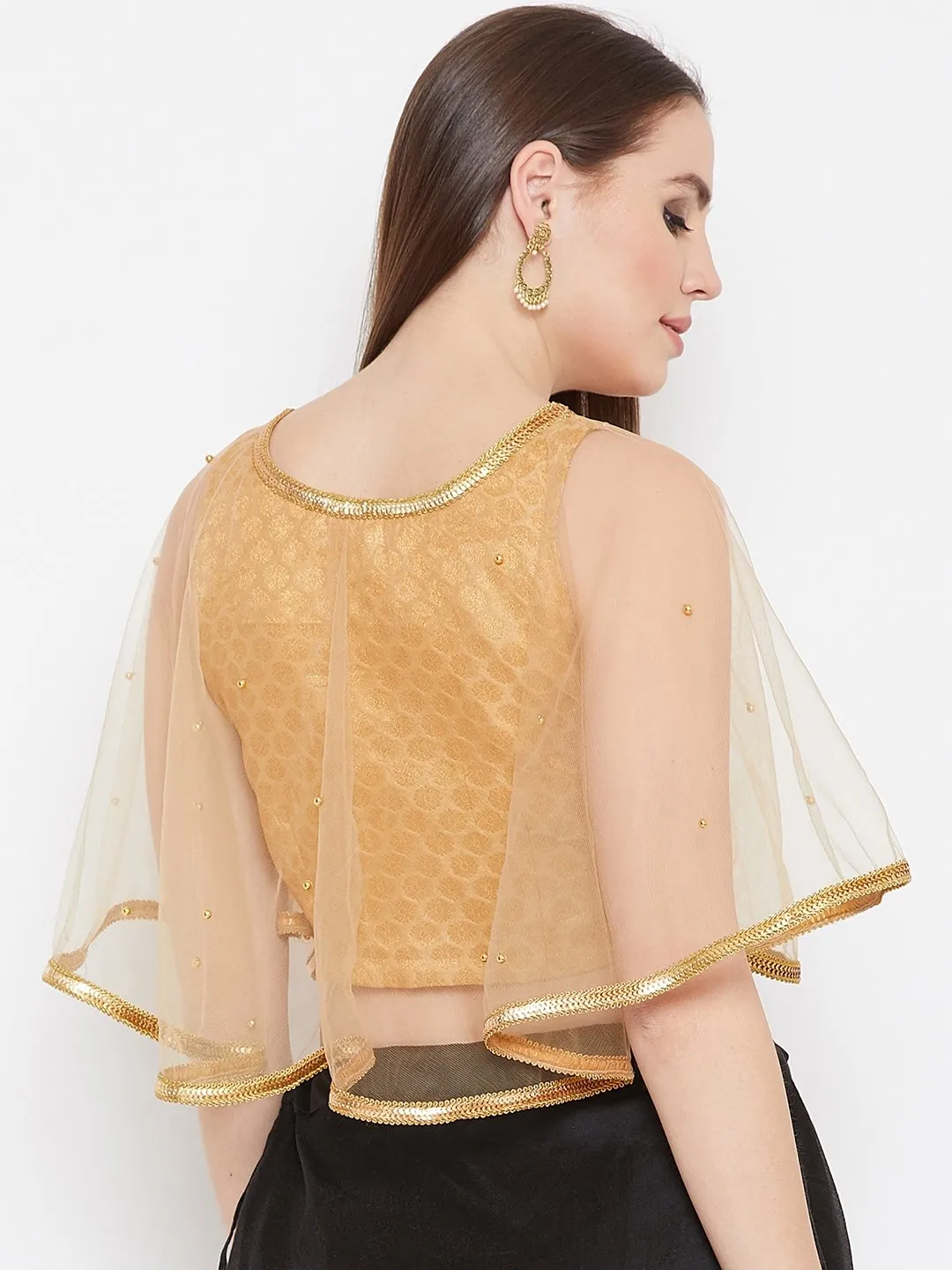 Net Pearl Embellished Brocade Cape Top
