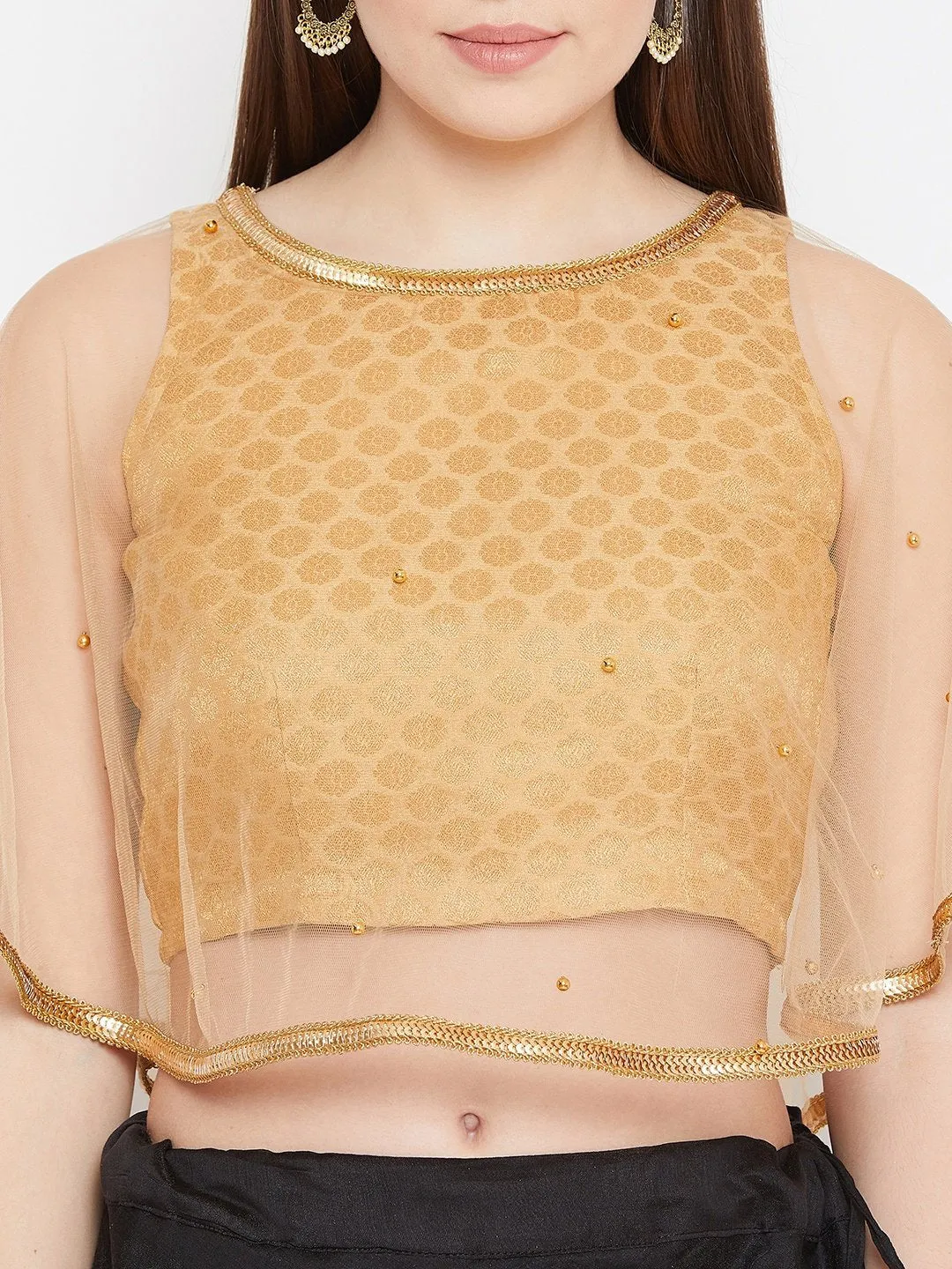 Net Pearl Embellished Brocade Cape Top