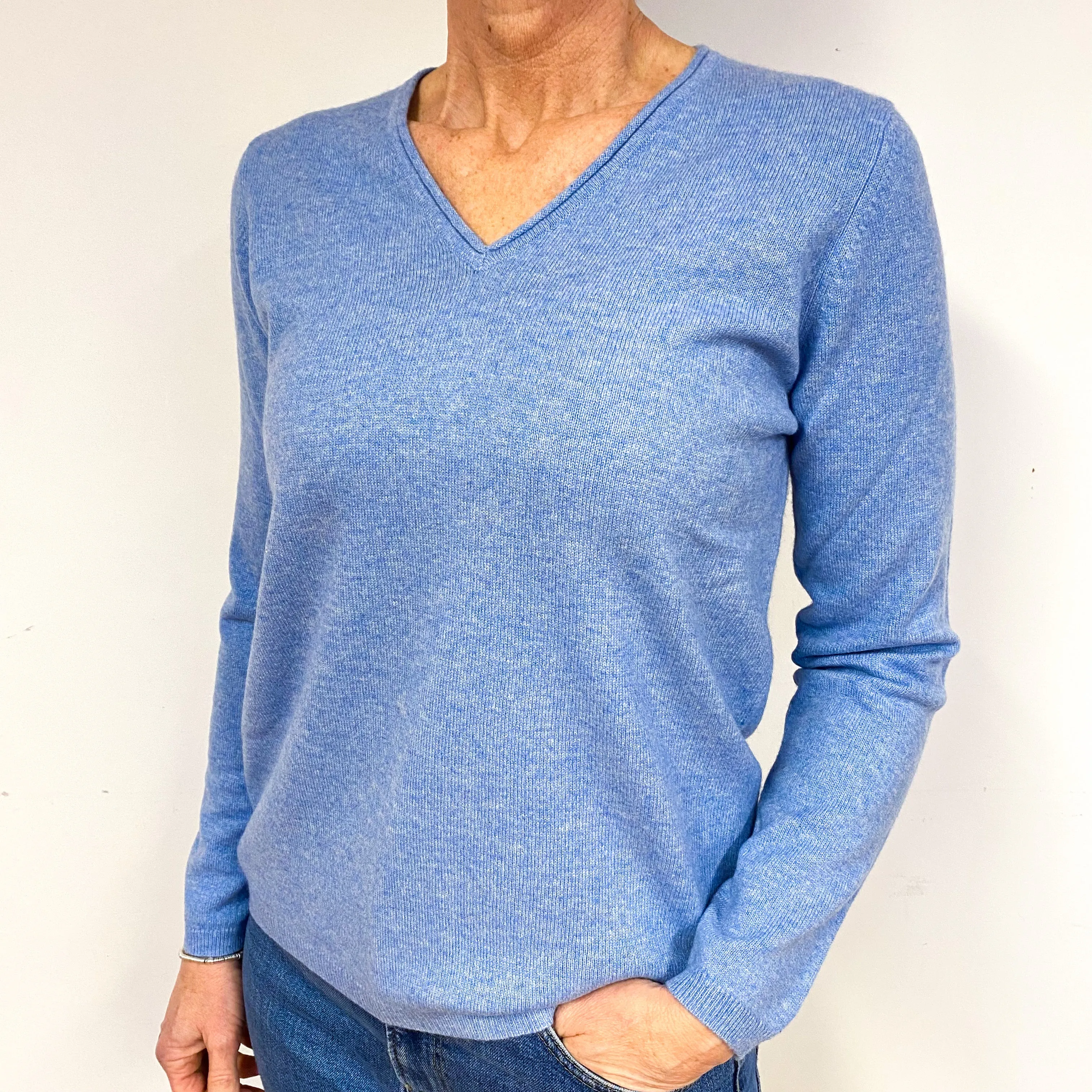 New Sky Blue Cashmere V-Neck Jumper Medium
