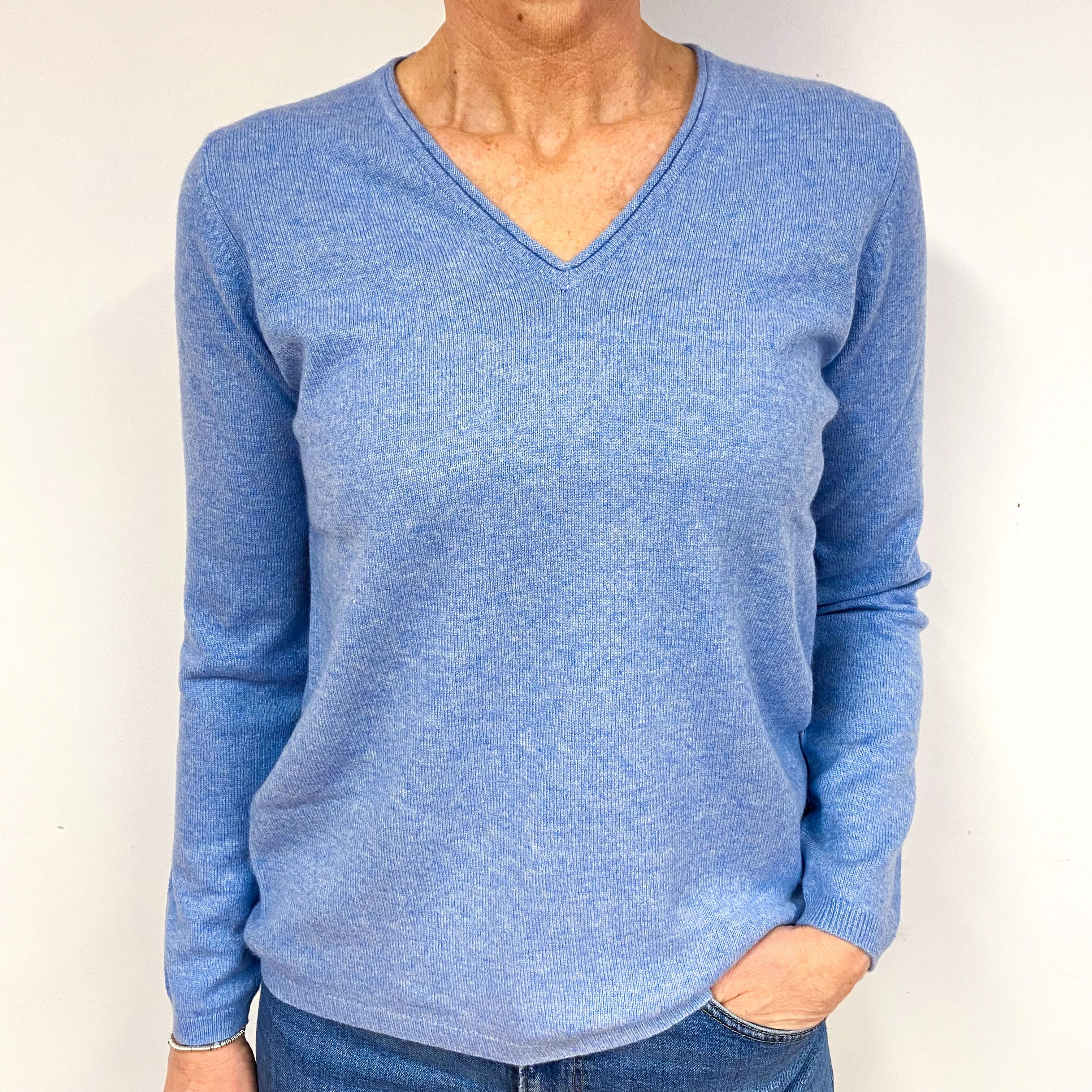 New Sky Blue Cashmere V-Neck Jumper Medium