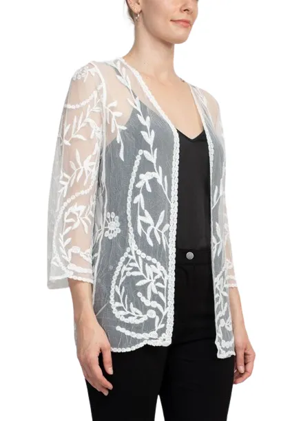 Nine Leonard V-Neck Open Front 3-4 Sleeve Floral Embroidered Mesh Jacket