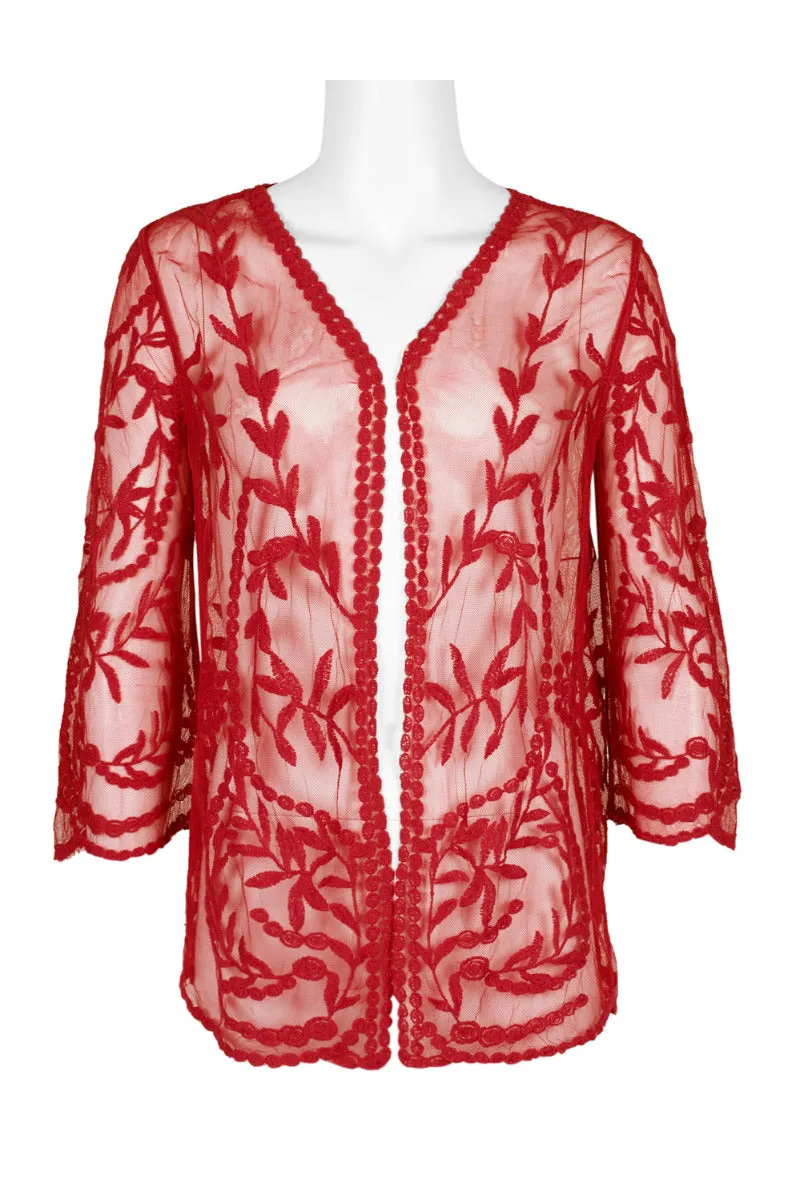 Nine Leonard V-Neck Open Front 3-4 Sleeve Floral Embroidered Mesh Jacket