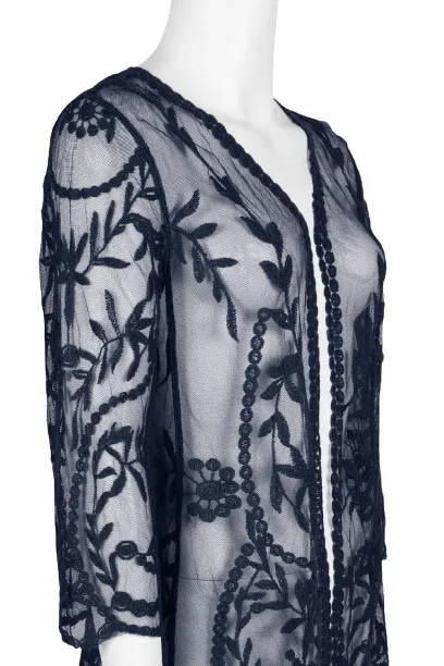 Nine Leonard V-Neck Open Front 3-4 Sleeve Floral Embroidered Mesh Jacket