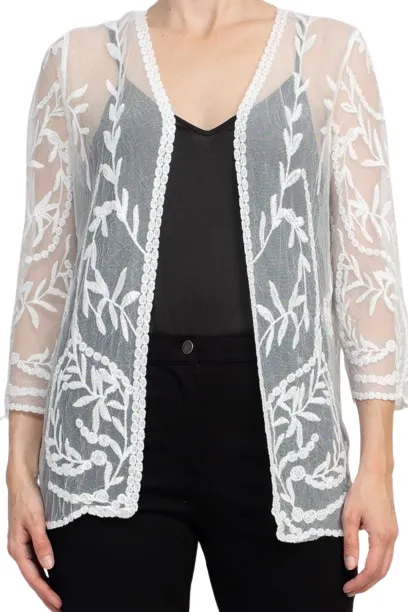 Nine Leonard V-Neck Open Front 3-4 Sleeve Floral Embroidered Mesh Jacket