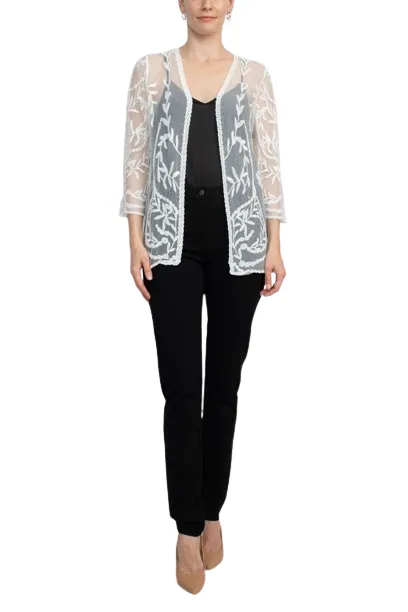 Nine Leonard V-Neck Open Front 3-4 Sleeve Floral Embroidered Mesh Jacket