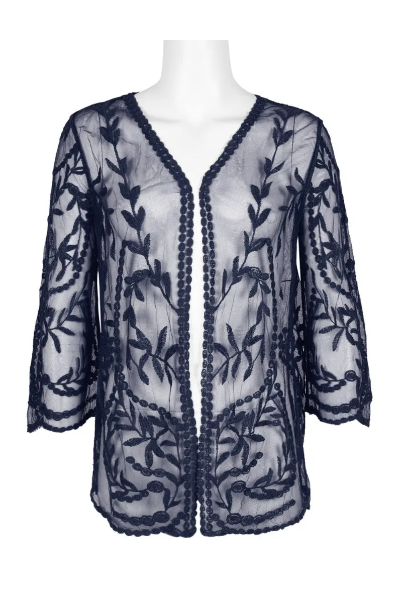 Nine Leonard V-Neck Open Front 3-4 Sleeve Floral Embroidered Mesh Jacket