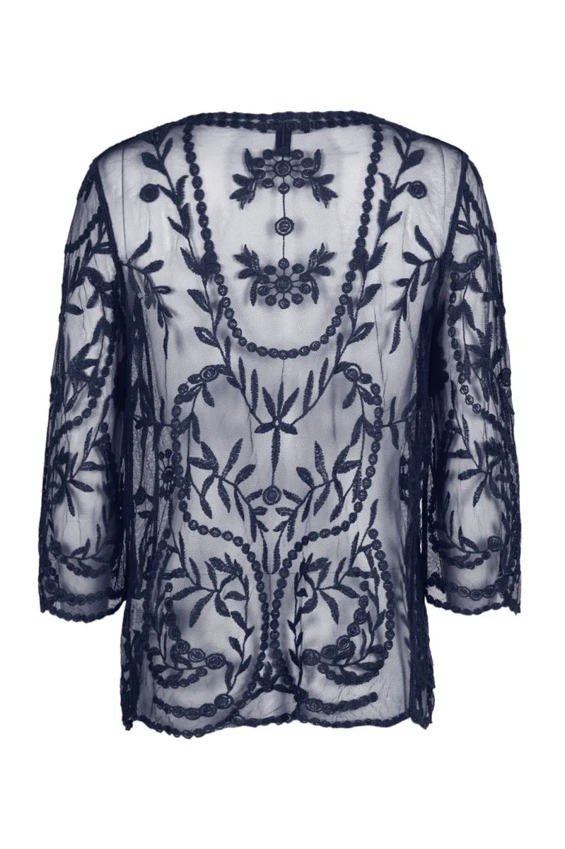 Nine Leonard V-Neck Open Front 3-4 Sleeve Floral Embroidered Mesh Jacket