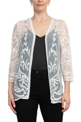 Nine Leonard V-Neck Open Front 3-4 Sleeve Floral Embroidered Mesh Jacket