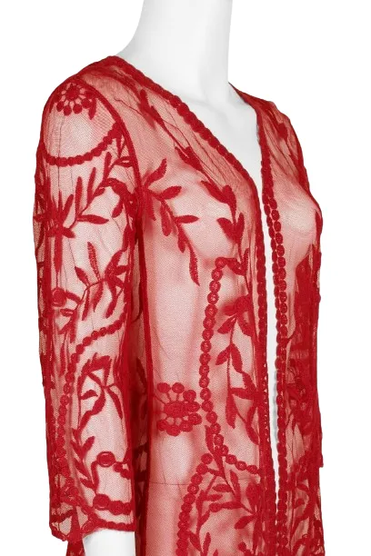 Nine Leonard V-Neck Open Front 3-4 Sleeve Floral Embroidered Mesh Jacket