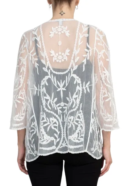 Nine Leonard V-Neck Open Front 3-4 Sleeve Floral Embroidered Mesh Jacket