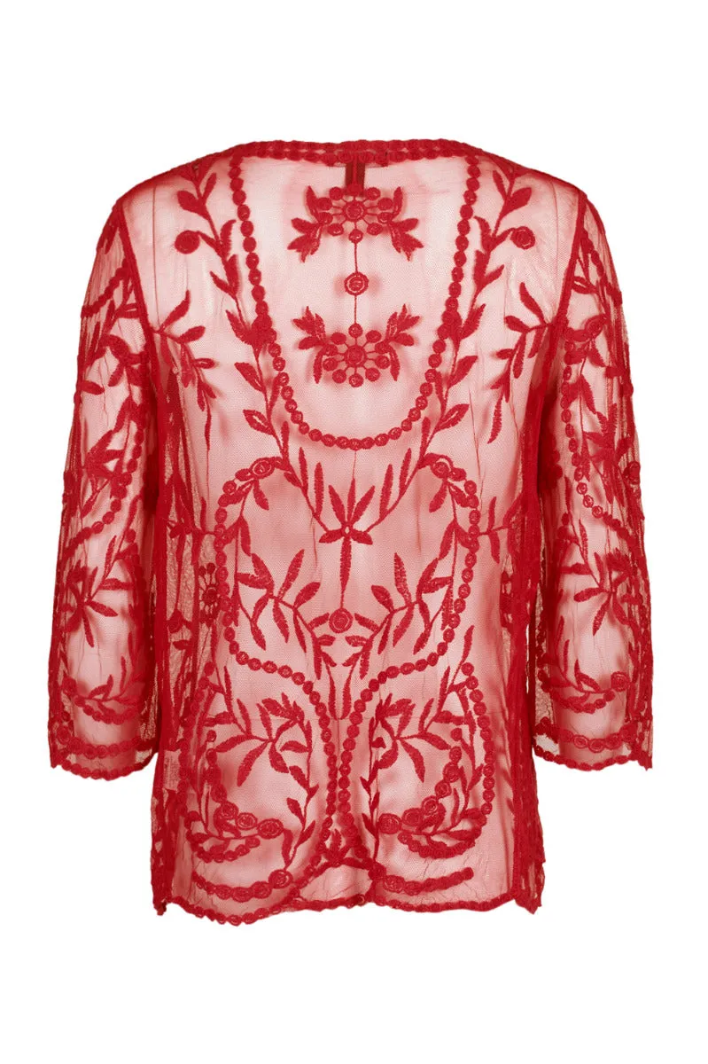 Nine Leonard V-Neck Open Front 3-4 Sleeve Floral Embroidered Mesh Jacket