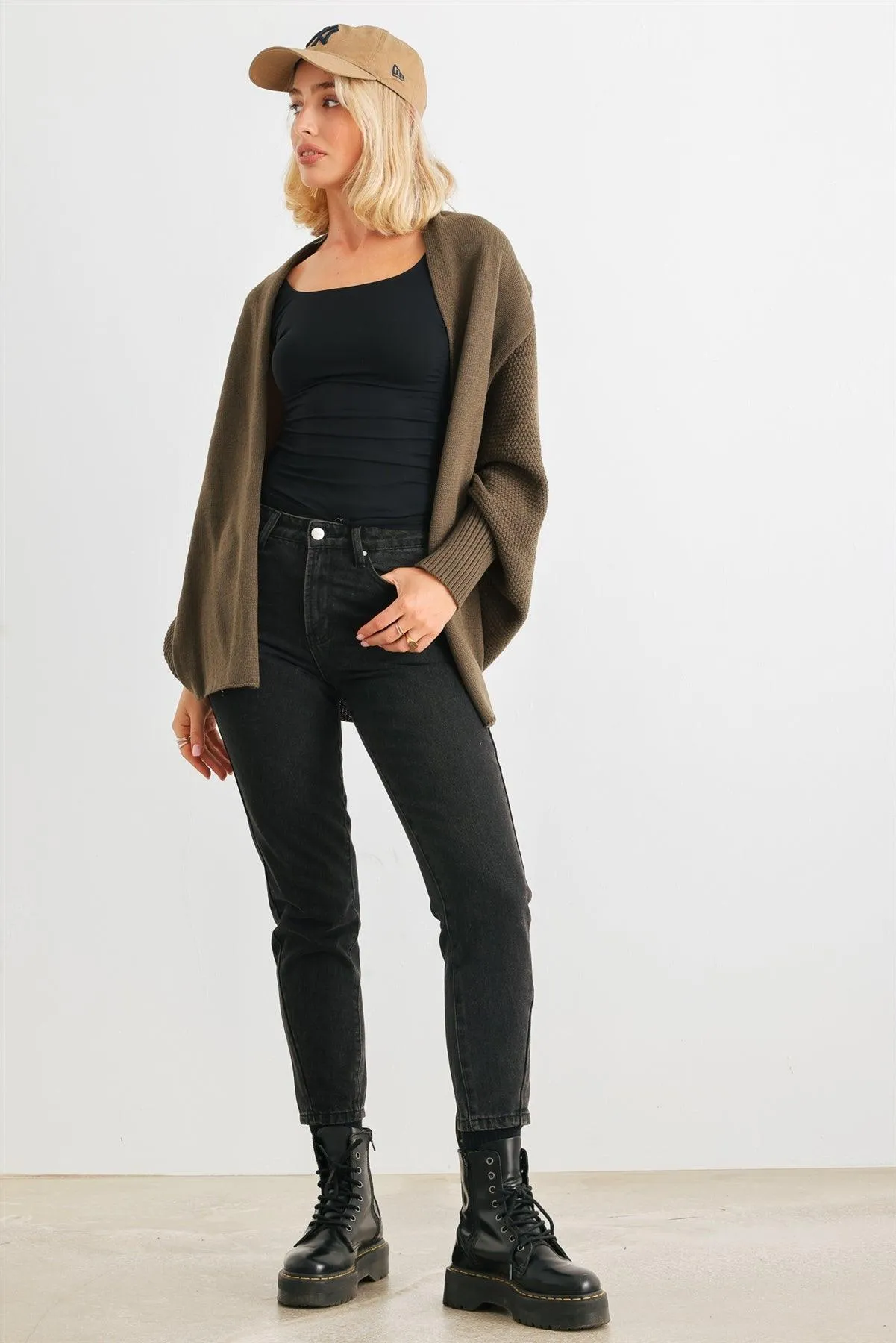 Olive Knit Batwing Sleeve Open Front Cardigan