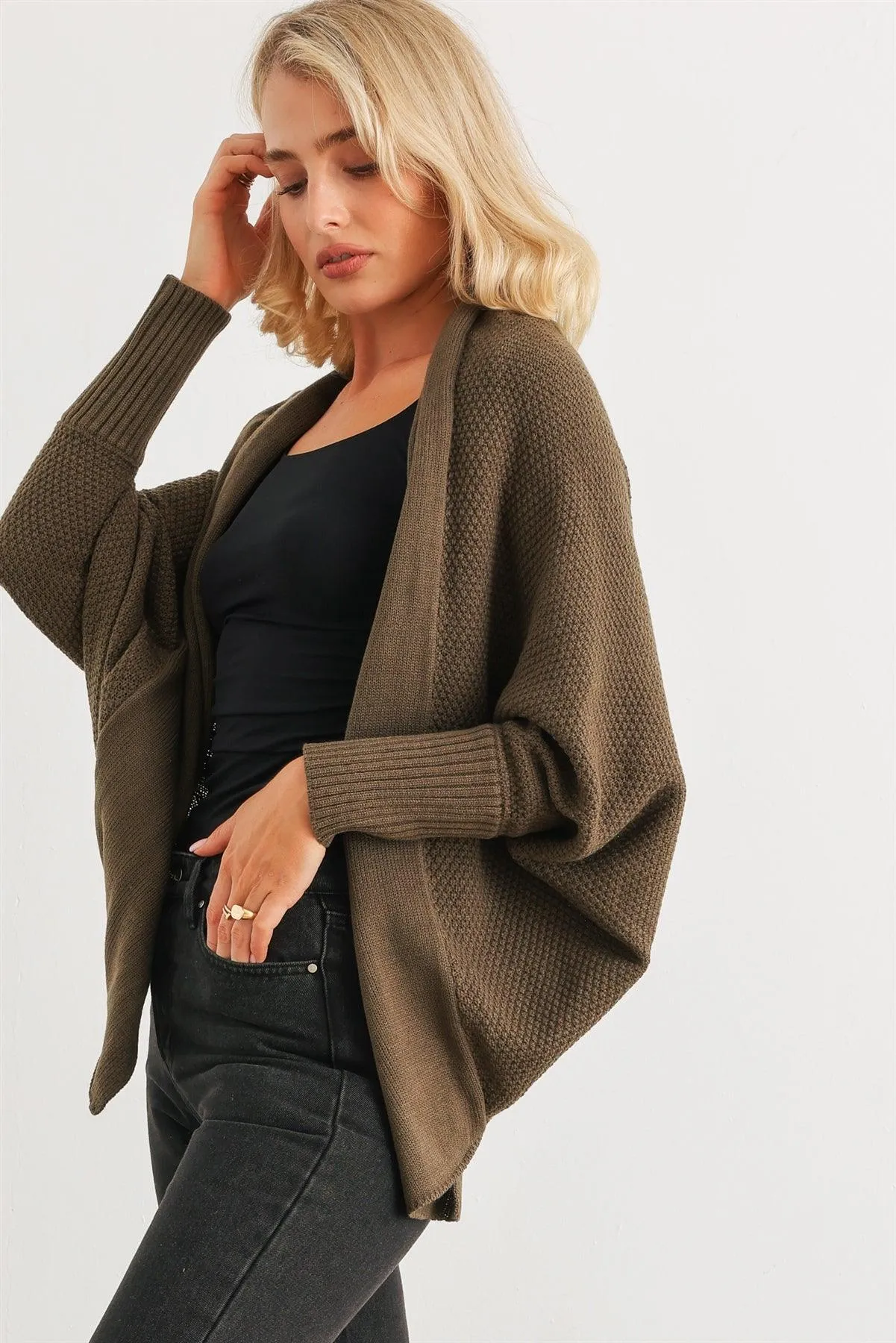 Olive Knit Batwing Sleeve Open Front Cardigan