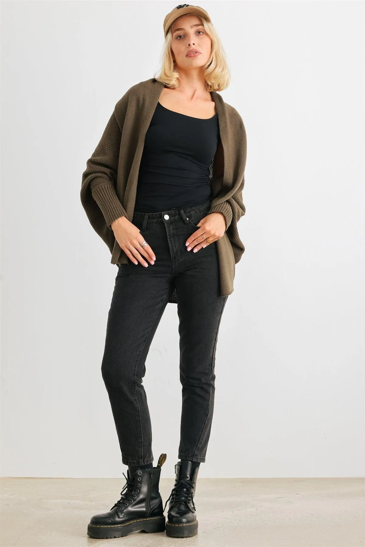 Olive Knit Batwing Sleeve Open Front Cardigan