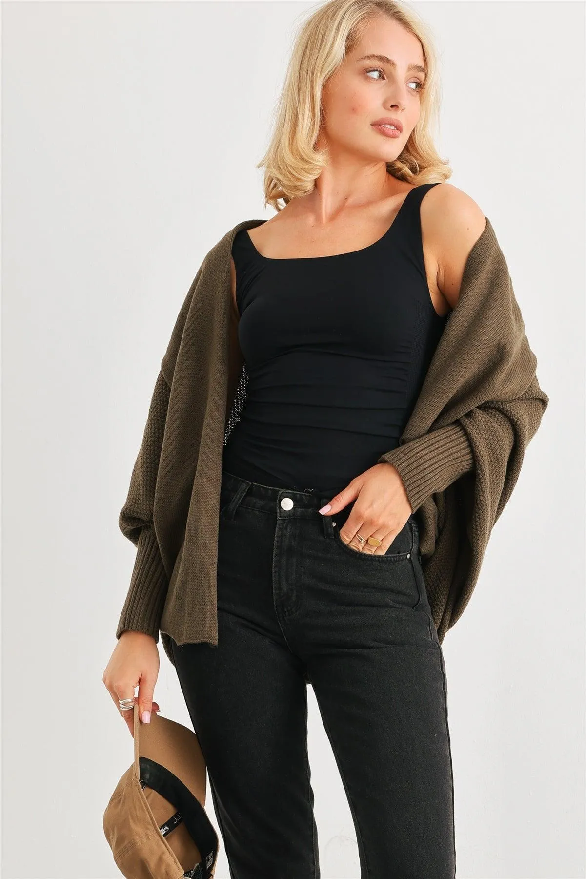 Olive Knit Batwing Sleeve Open Front Cardigan