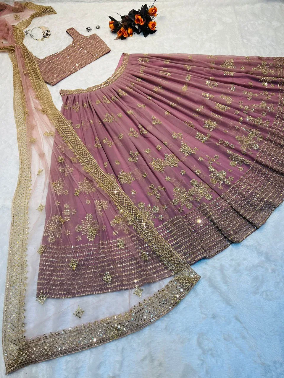 Party Wear Dusty Pink Color Embroidery Sequence Work Lehenga Choli