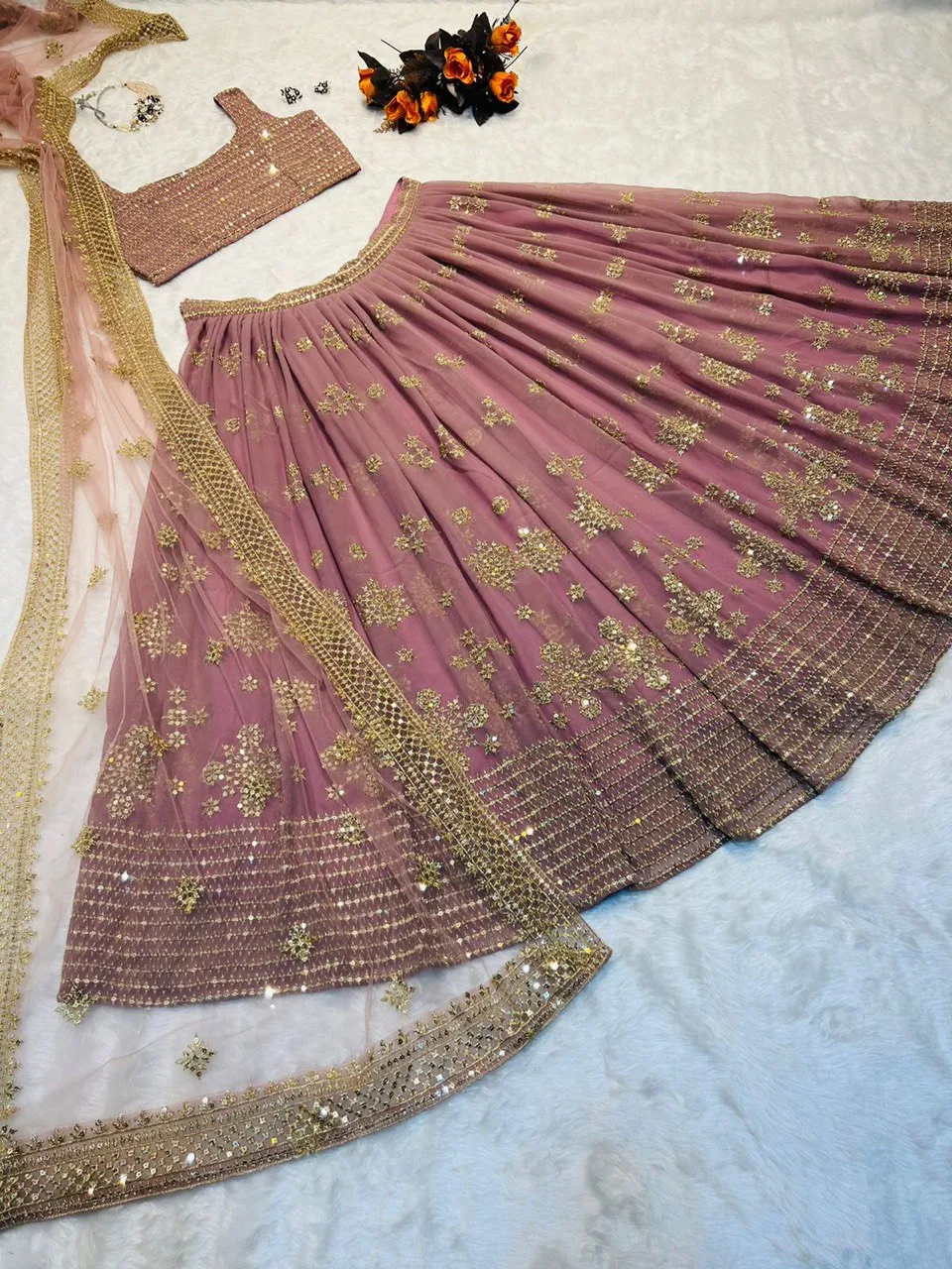 Party Wear Dusty Pink Color Embroidery Sequence Work Lehenga Choli
