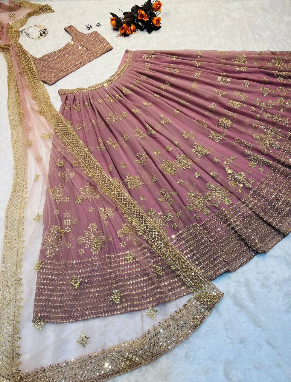 Party Wear Dusty Pink Color Embroidery Sequence Work Lehenga Choli