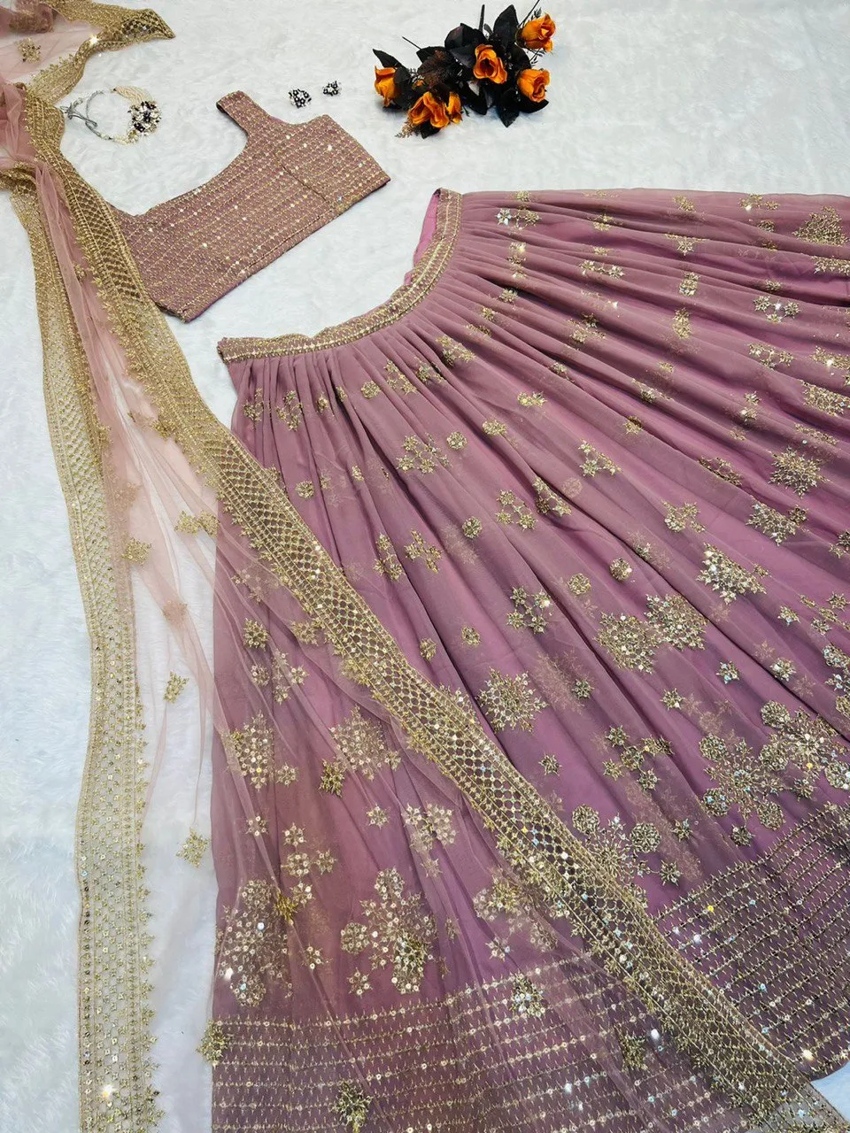 Party Wear Dusty Pink Color Embroidery Sequence Work Lehenga Choli