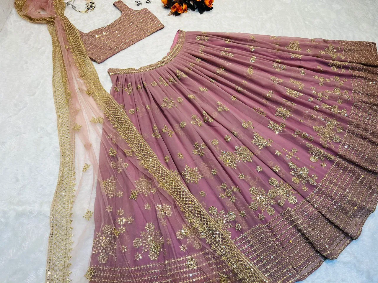 Party Wear Dusty Pink Color Embroidery Sequence Work Lehenga Choli