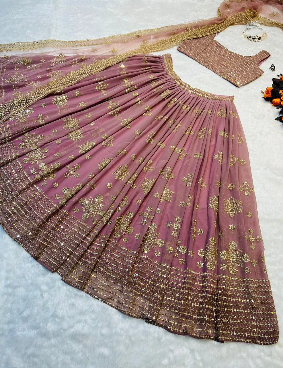 Party Wear Dusty Pink Color Embroidery Sequence Work Lehenga Choli