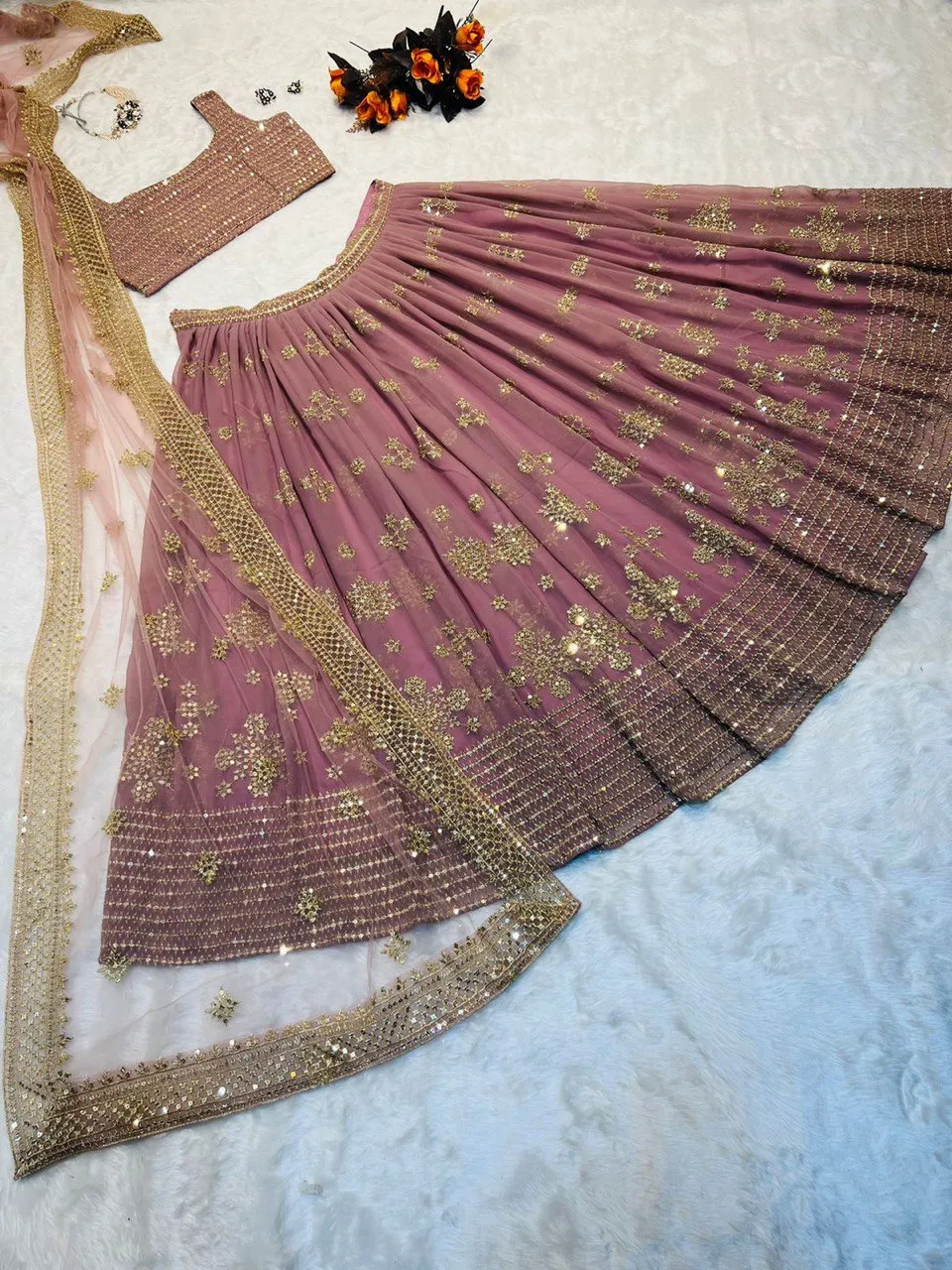 Party Wear Dusty Pink Color Embroidery Sequence Work Lehenga Choli