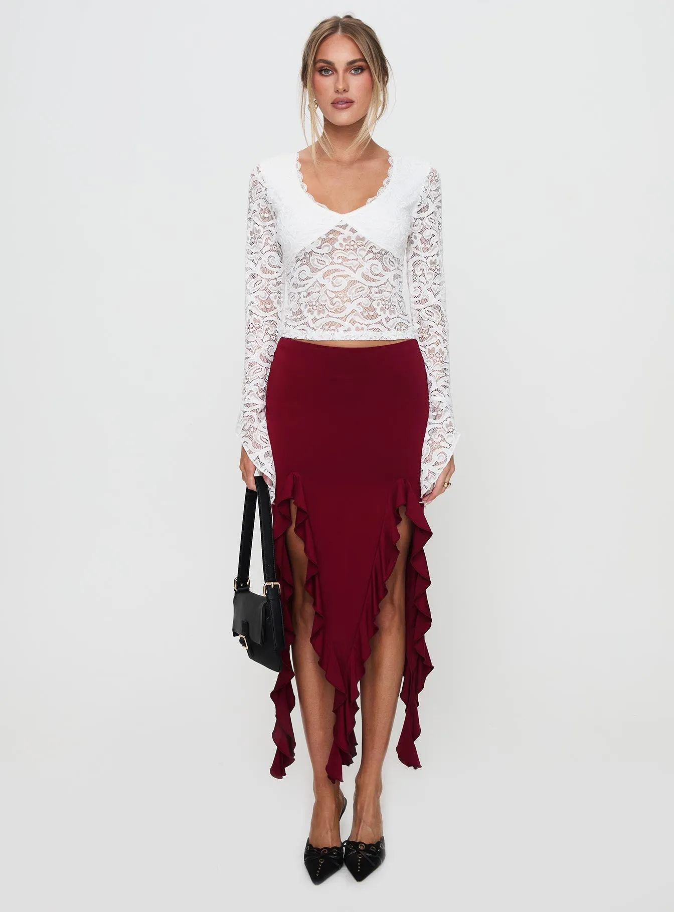 Peachey Asymmetric Ruffle Midi Skirt Burgundy