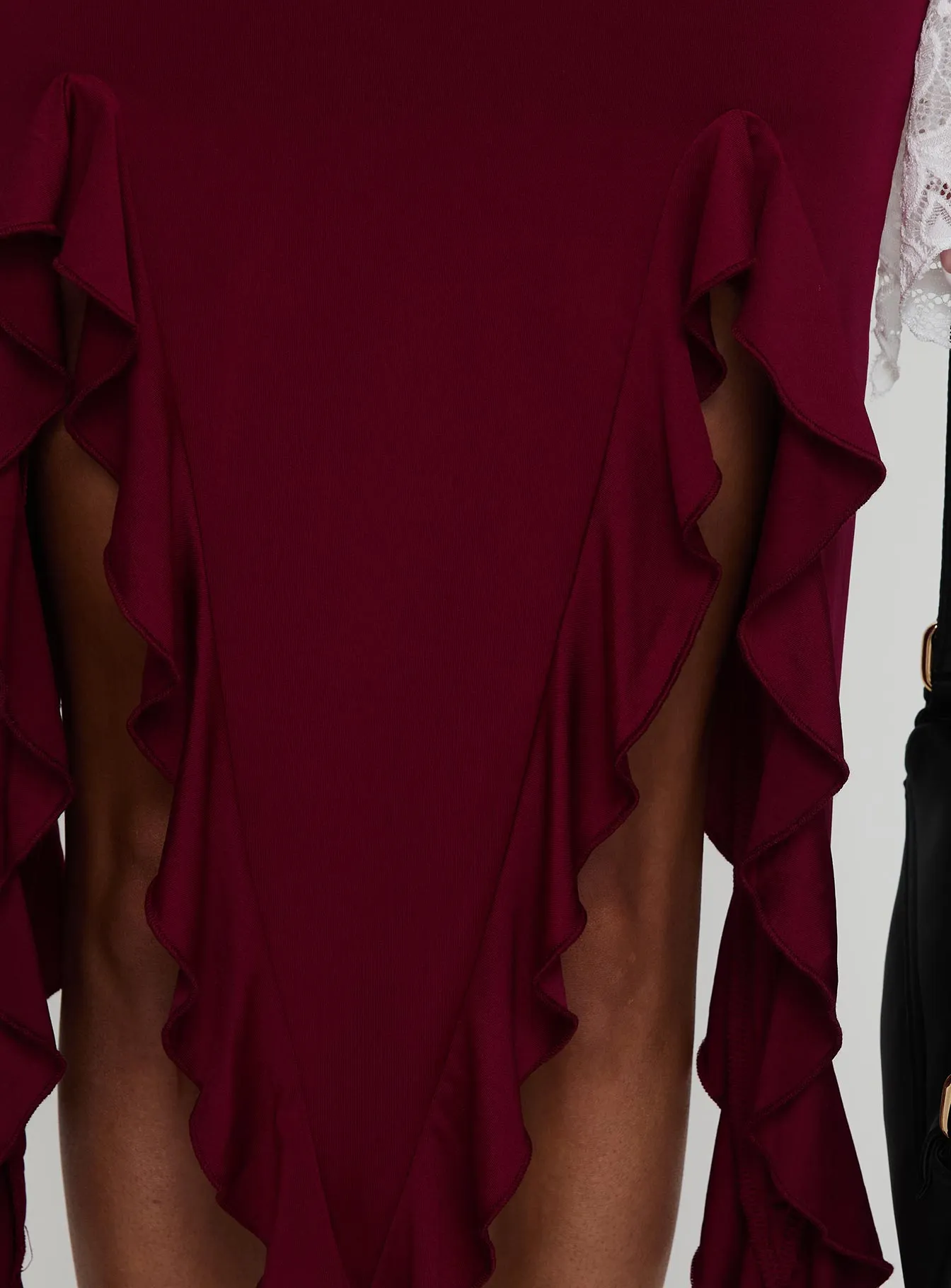 Peachey Asymmetric Ruffle Midi Skirt Burgundy
