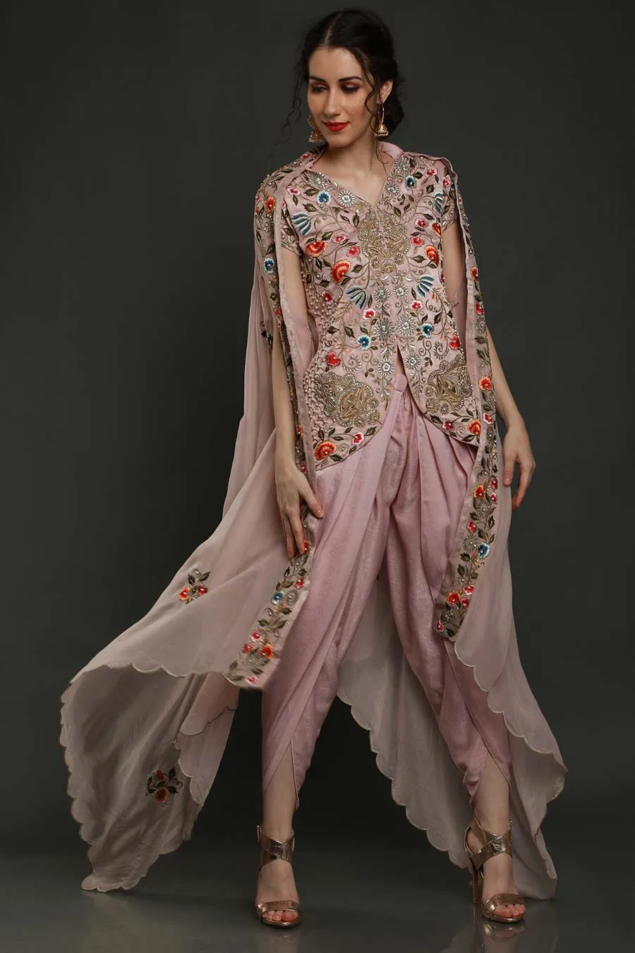 Pink Embroidered Top & Dhoti Set With Cape