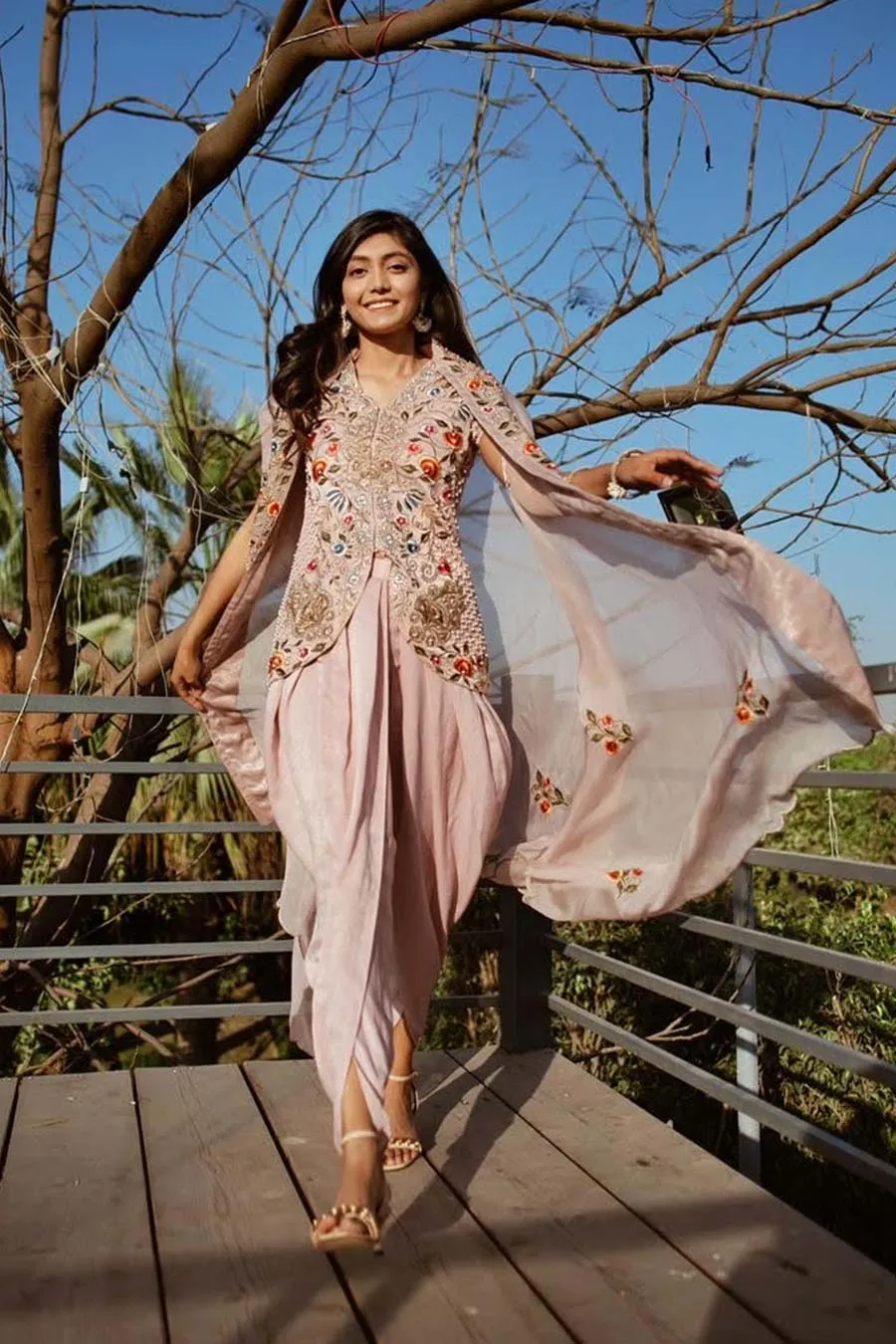Pink Embroidered Top & Dhoti Set With Cape