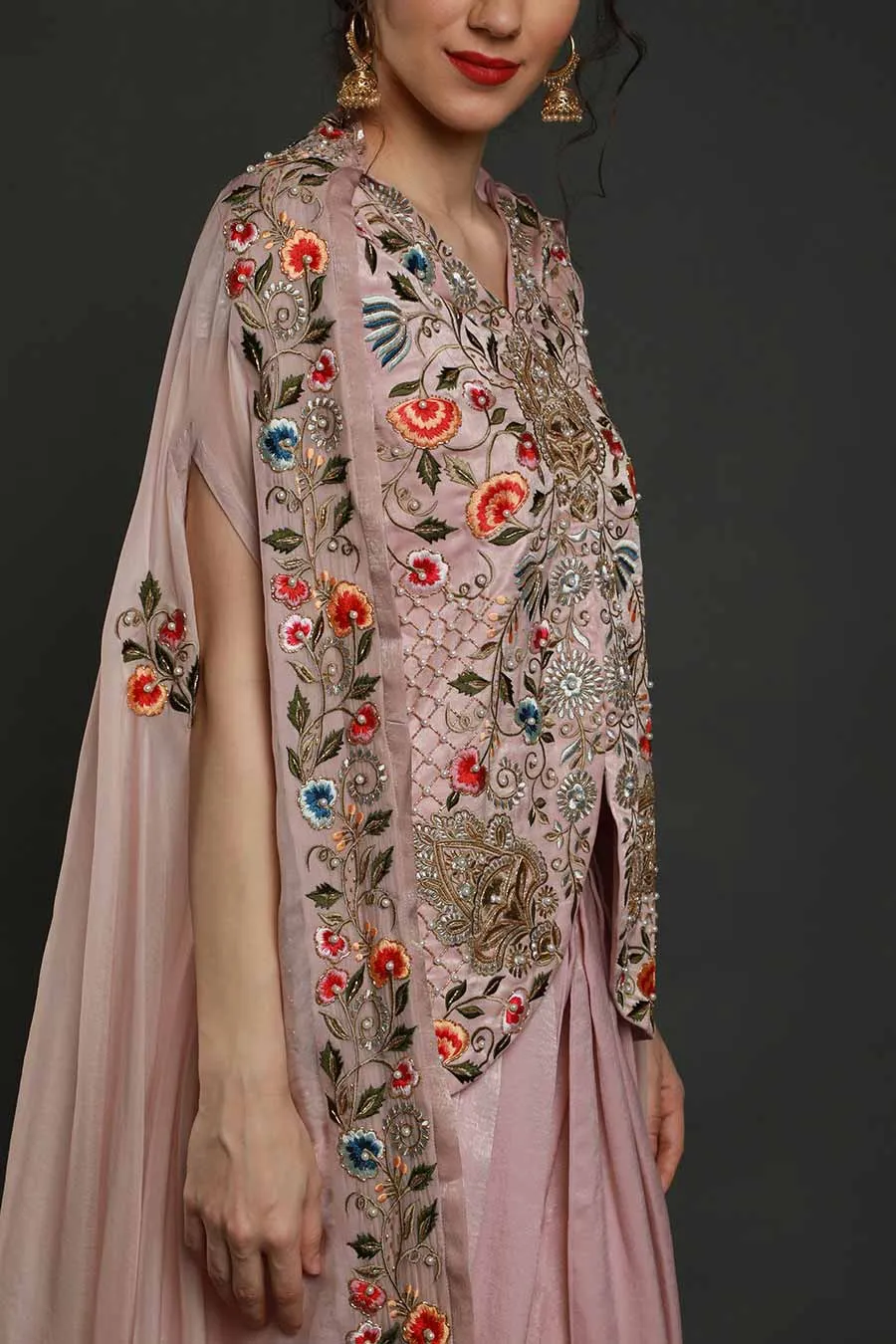 Pink Embroidered Top & Dhoti Set With Cape