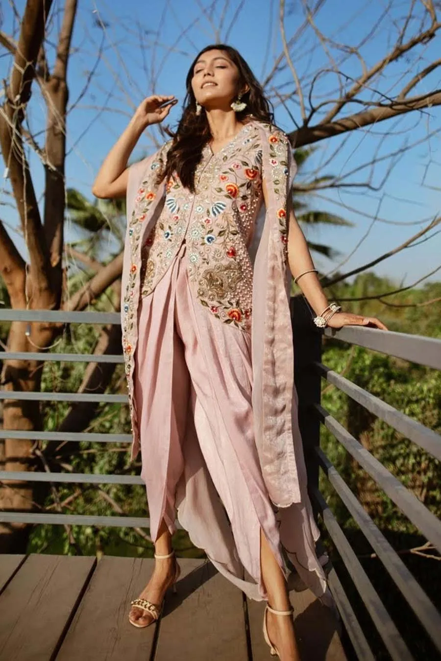 Pink Embroidered Top & Dhoti Set With Cape