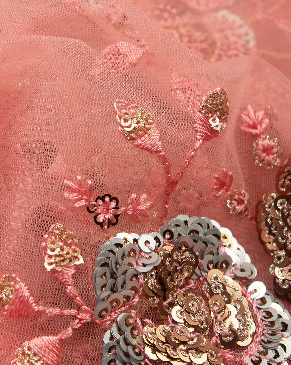 Pink Silver Floral Embroidered Net Fabric