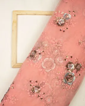 Pink Silver Floral Embroidered Net Fabric