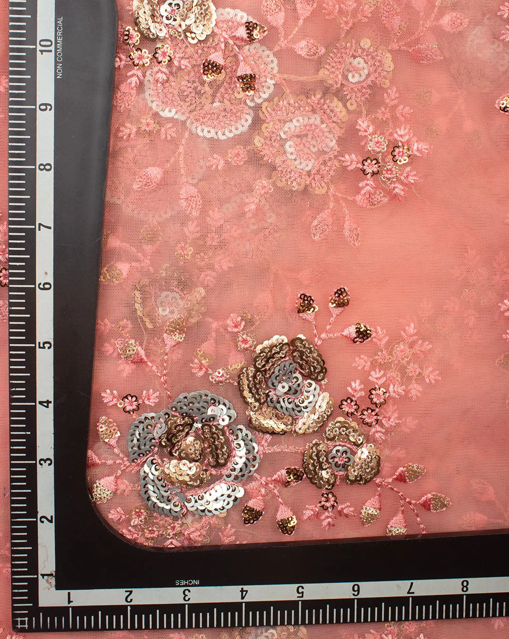 Pink Silver Floral Embroidered Net Fabric