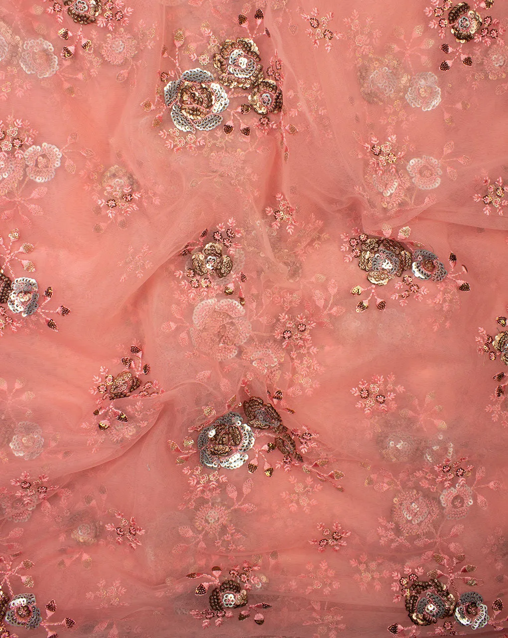 Pink Silver Floral Embroidered Net Fabric
