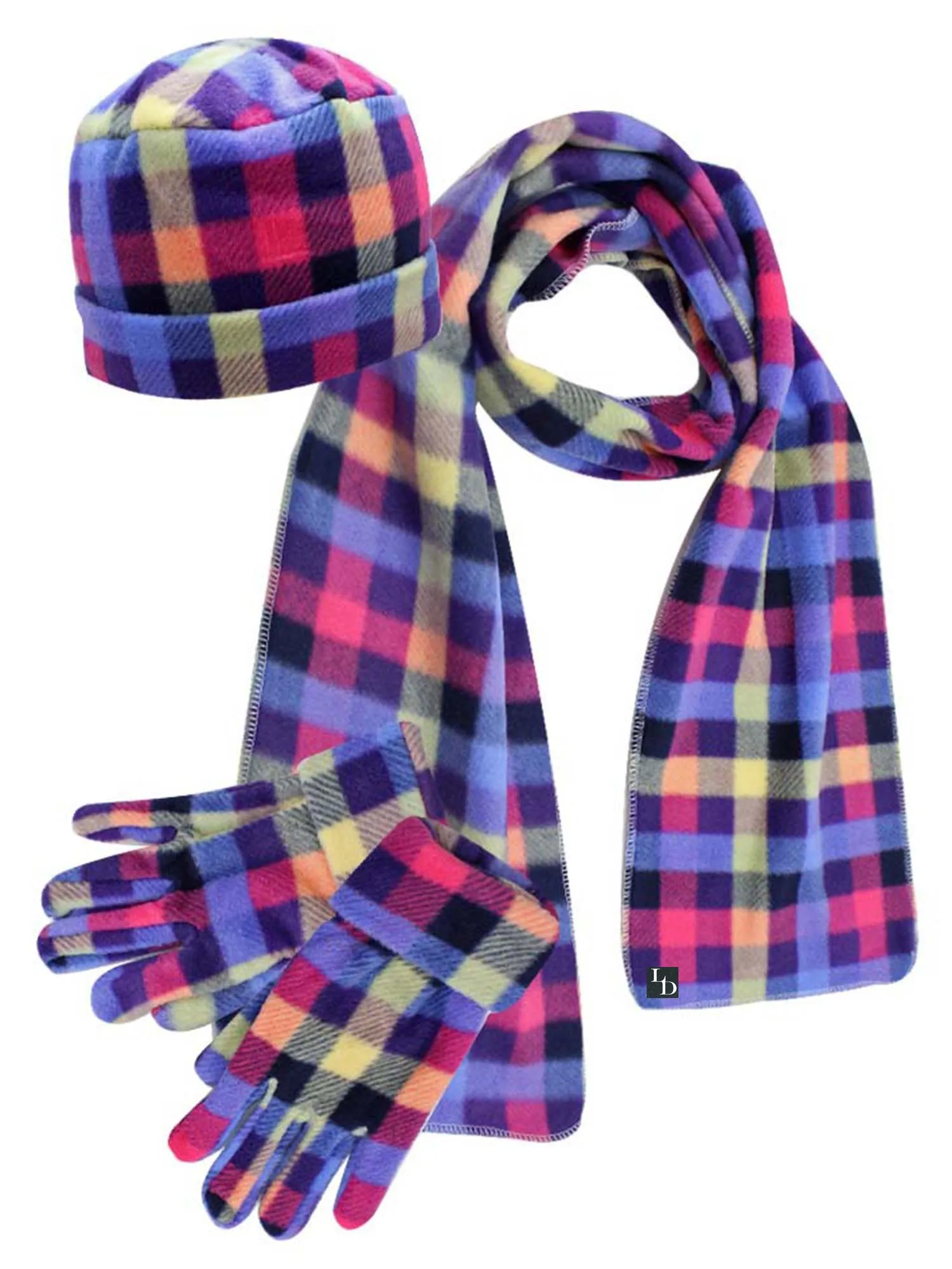 Plaid Fleece 3 Piece Hat Scarf & Glove Set