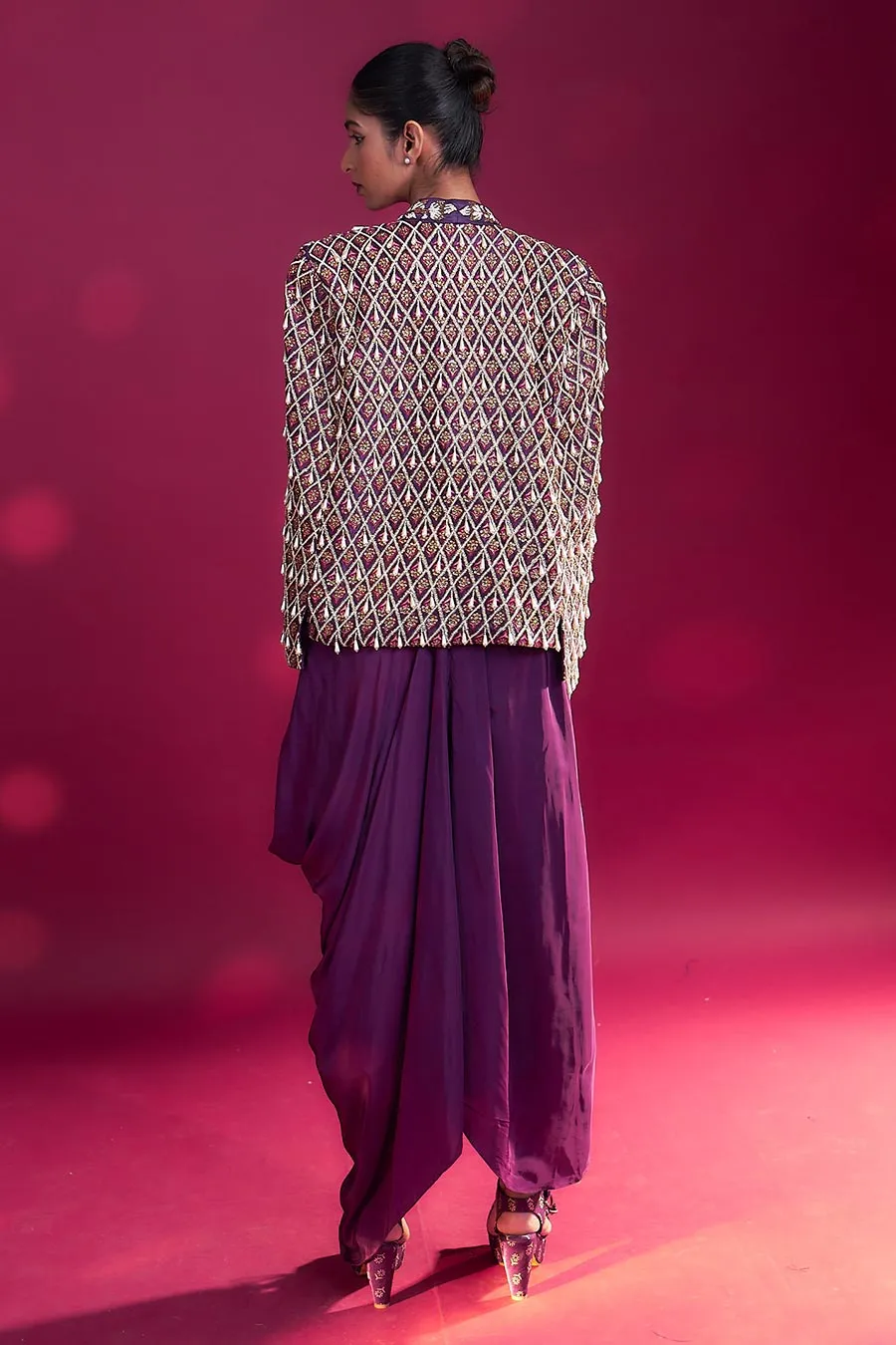 Purple Ajrakh Embroidered Blouse, Jacket & Skirt Set