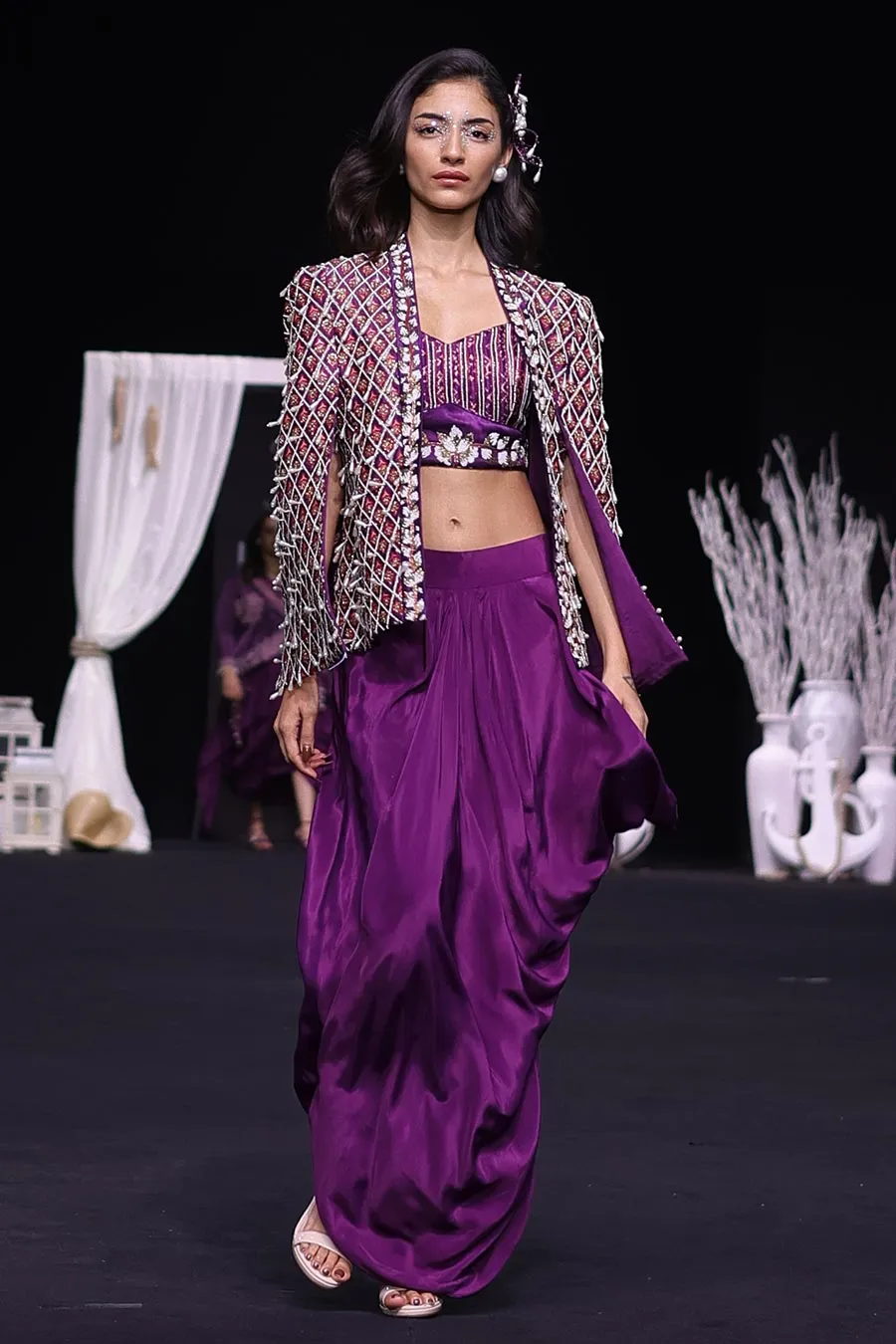 Purple Ajrakh Embroidered Blouse, Jacket & Skirt Set