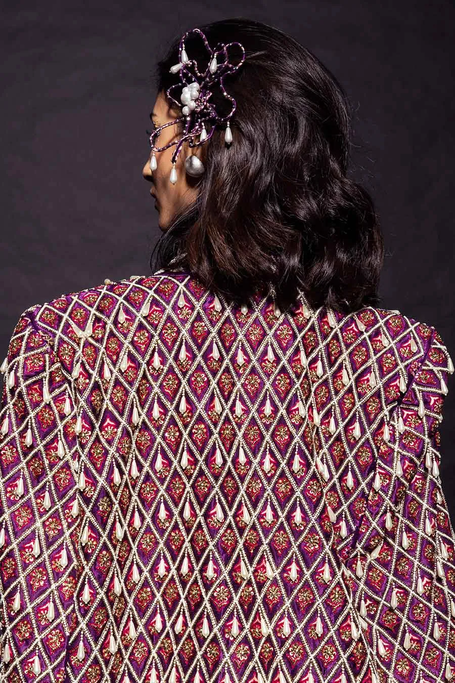 Purple Ajrakh Embroidered Blouse, Jacket & Skirt Set