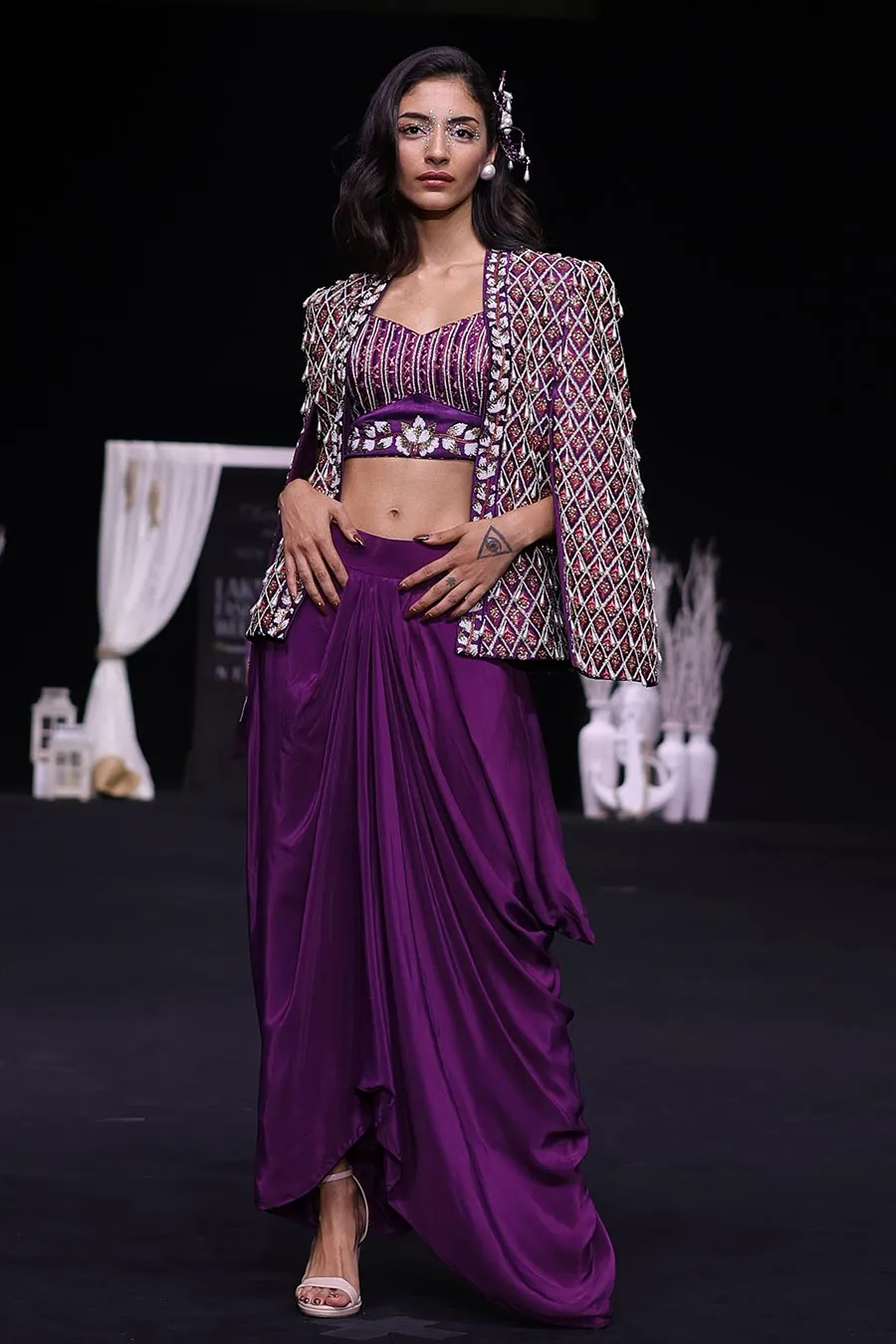 Purple Ajrakh Embroidered Blouse, Jacket & Skirt Set