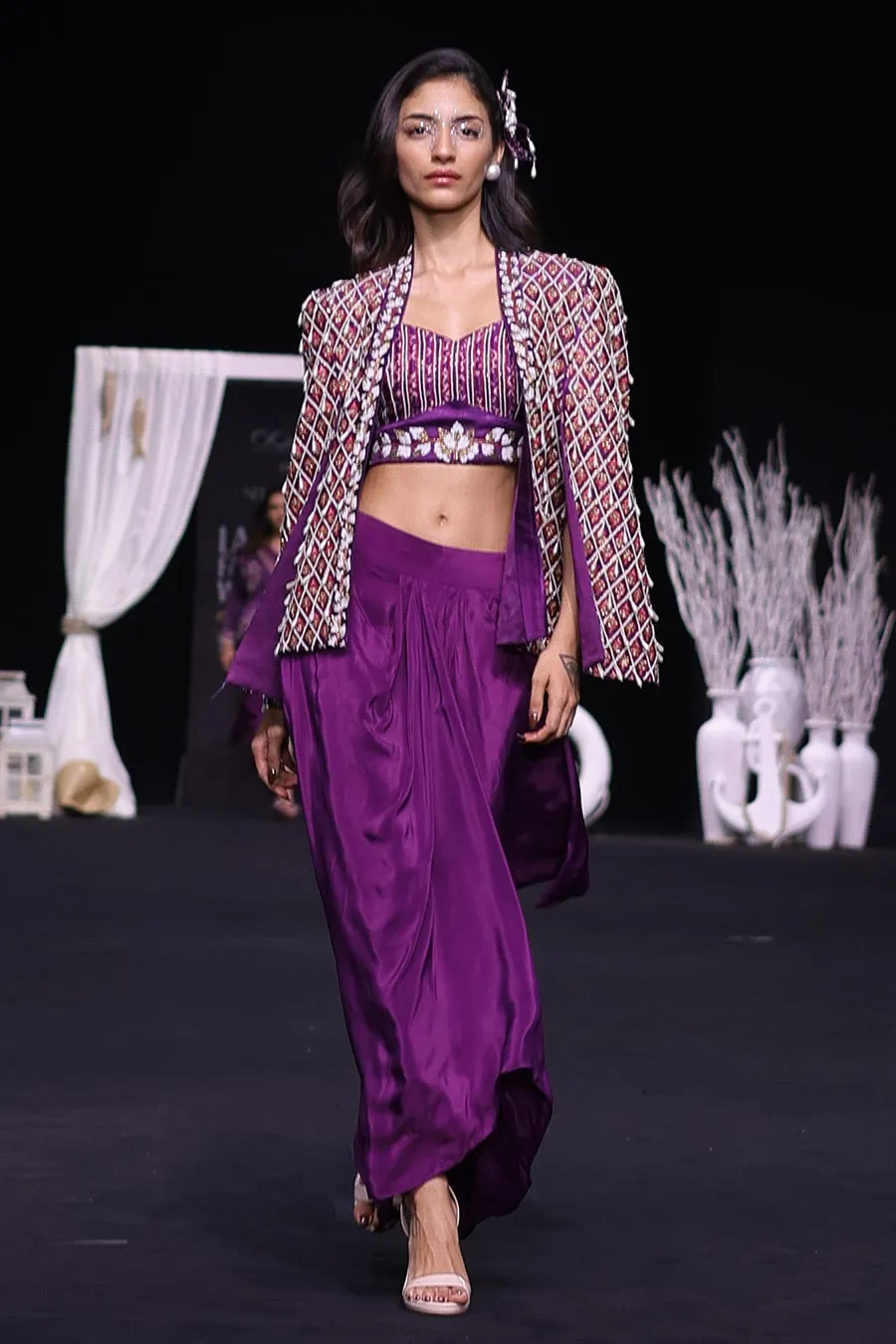 Purple Ajrakh Embroidered Blouse, Jacket & Skirt Set