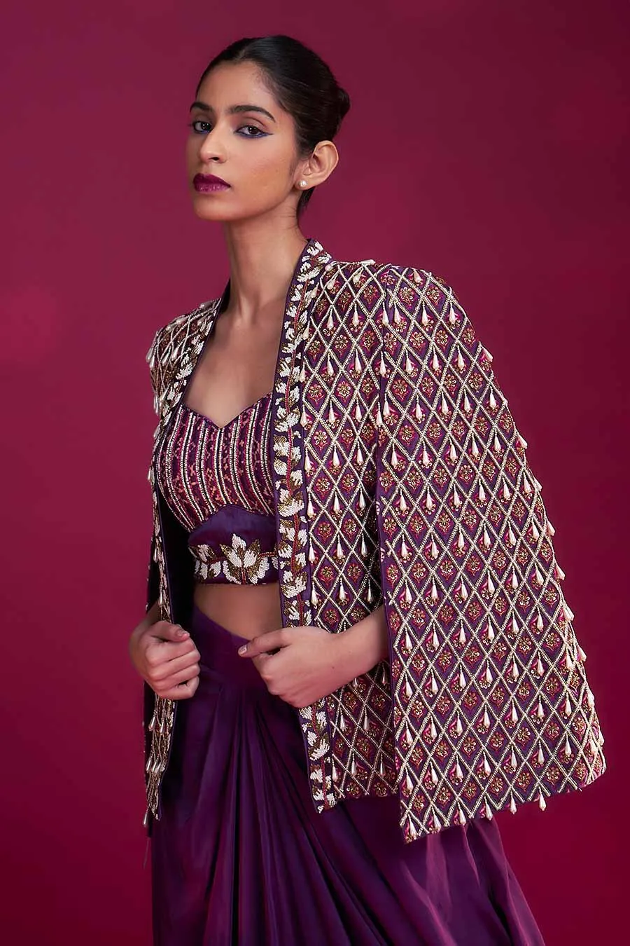 Purple Ajrakh Embroidered Blouse, Jacket & Skirt Set