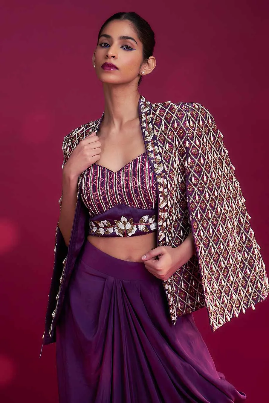 Purple Ajrakh Embroidered Blouse, Jacket & Skirt Set