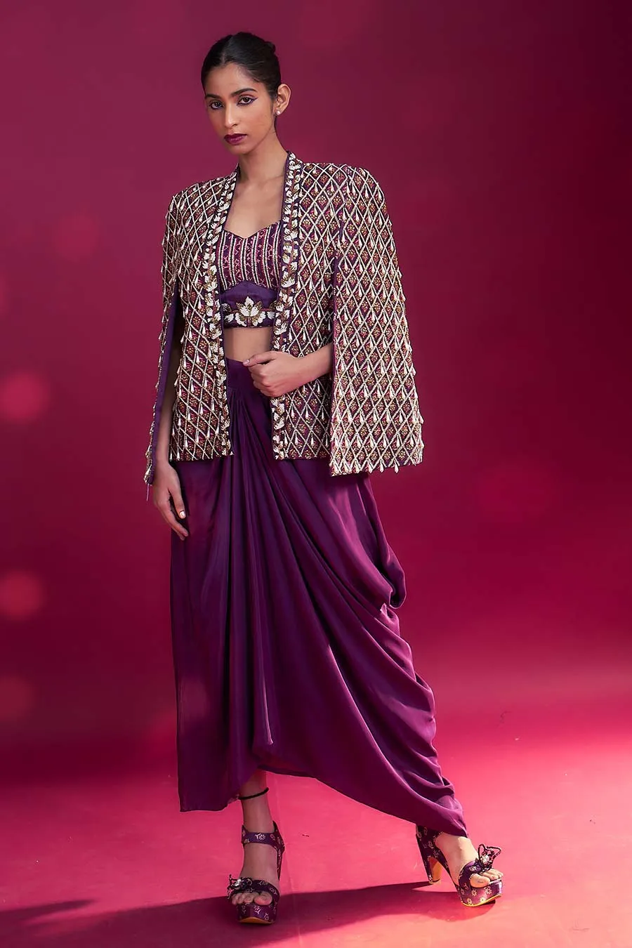Purple Ajrakh Embroidered Blouse, Jacket & Skirt Set