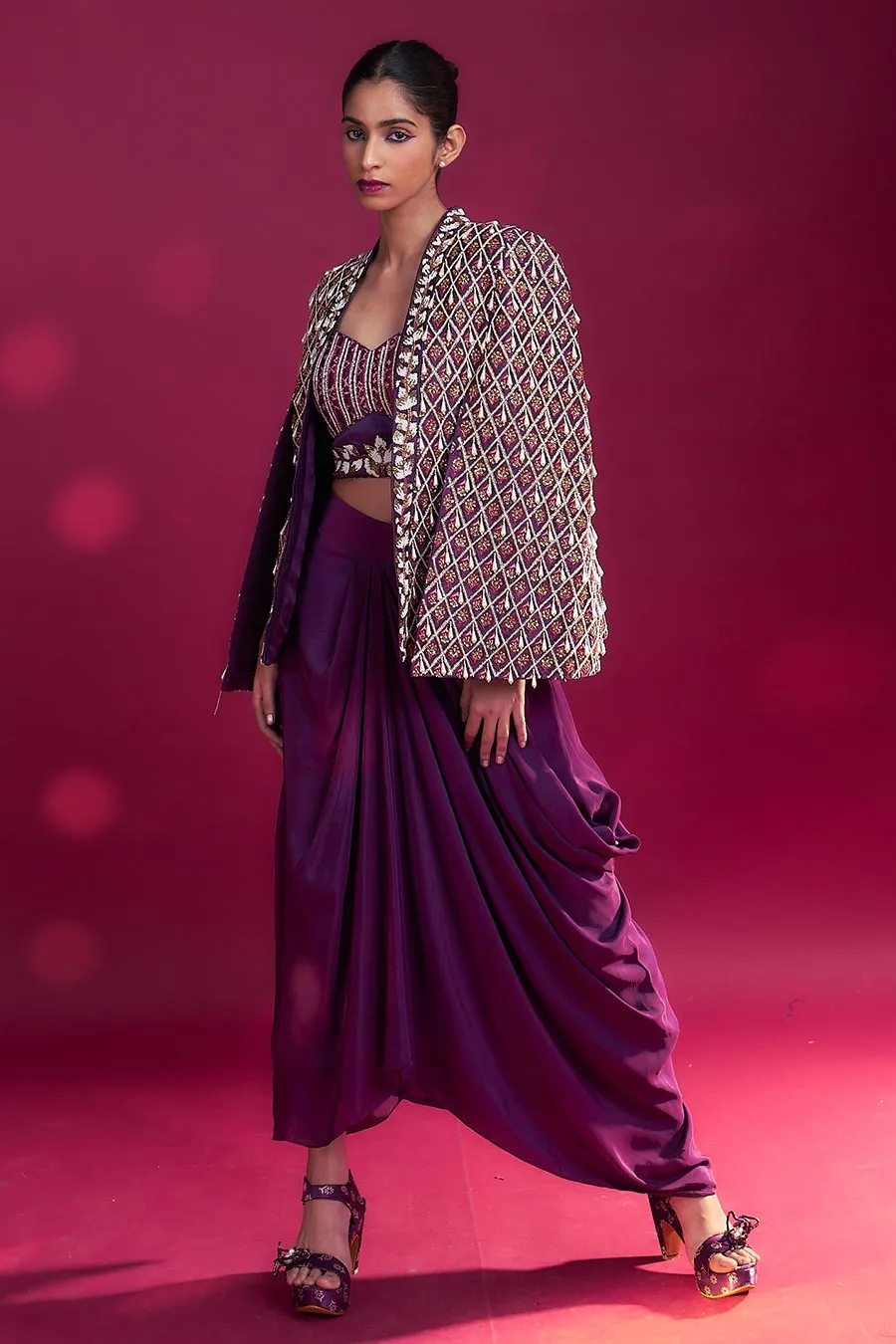 Purple Ajrakh Embroidered Blouse, Jacket & Skirt Set