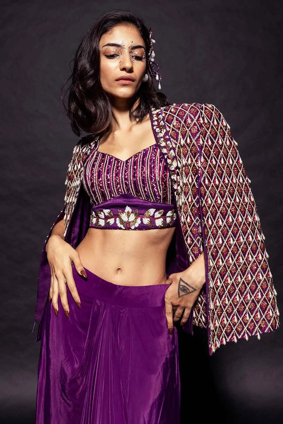 Purple Ajrakh Embroidered Blouse, Jacket & Skirt Set